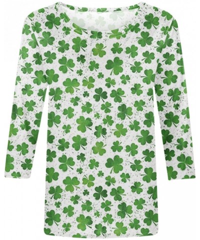 St Patricks Day Shirts for Women 3/4 Length Sleeve Funny Shamrock Print Crewneck T-Shirt Soft Comfy Thin Blouses M-white $5.8...