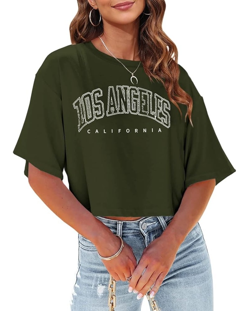 Womens Los Angeles California Letter Print Cropped T Shirt Half Sleeve Crop Tees Round Neck Summer Crop Tops 05-army Green $1...