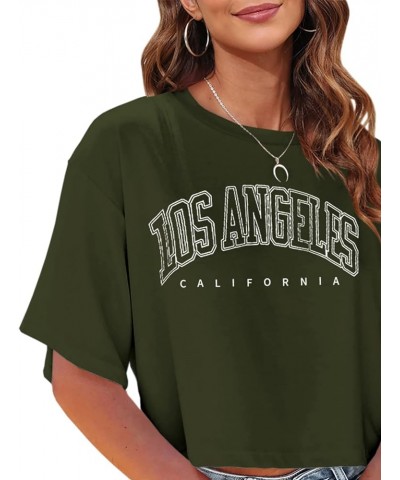 Womens Los Angeles California Letter Print Cropped T Shirt Half Sleeve Crop Tees Round Neck Summer Crop Tops 05-army Green $1...