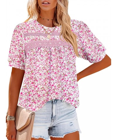 Womens Summer Tops Crewneck Lace Crochet Short Sleeve Shirts Casual Boho Blouses Top Solid Color Trendy 2024 Pink Floral $15....