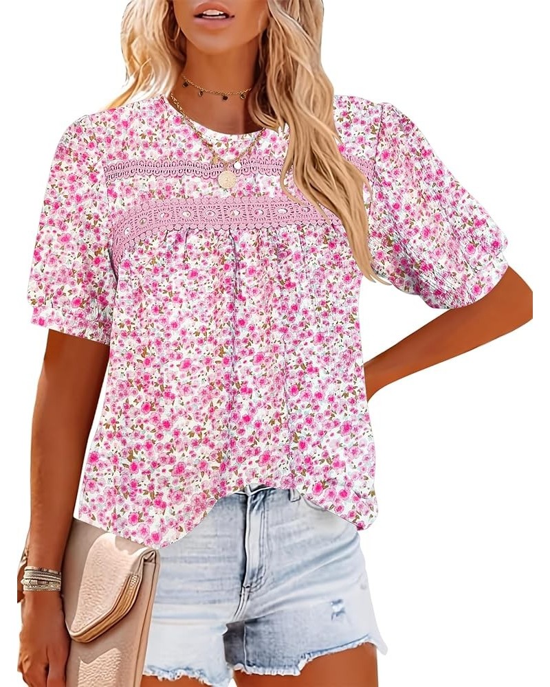 Womens Summer Tops Crewneck Lace Crochet Short Sleeve Shirts Casual Boho Blouses Top Solid Color Trendy 2024 Pink Floral $15....