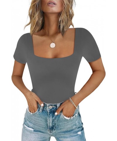 Women's Sexy Square Neck Short Sleeve Bodysuit Tops Double Lined Thong Bodysuit D-grey $15.59 Lingerie