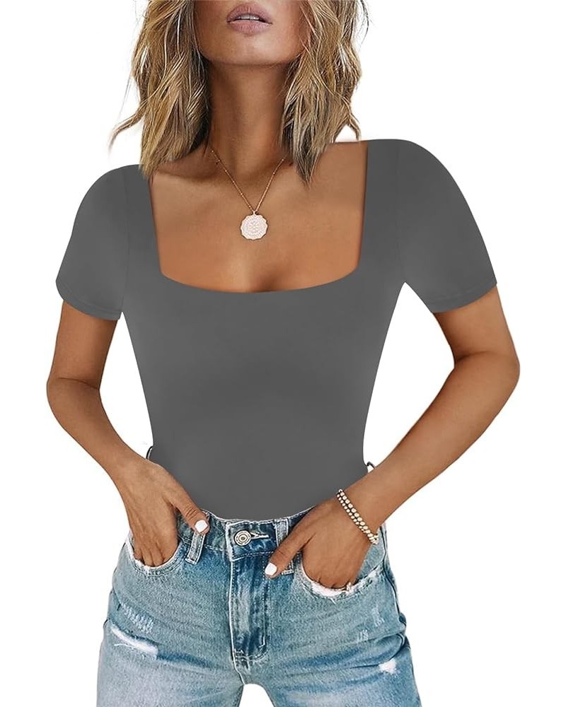 Women's Sexy Square Neck Short Sleeve Bodysuit Tops Double Lined Thong Bodysuit D-grey $15.59 Lingerie