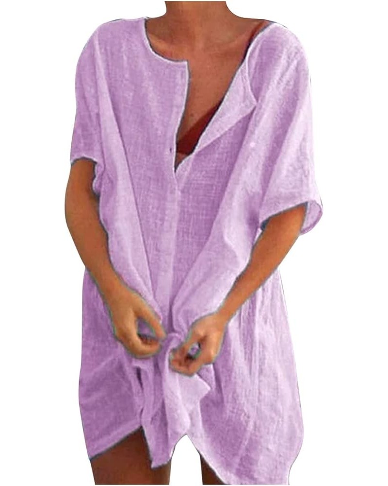 Women's Half Button Down Linen Dress 3/4 Sleeve Casual V-Neck Midi Length Dresses Summer Shirt Dress Blouse 01 Purple $6.73 A...