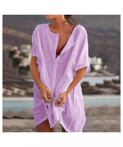 Women's Half Button Down Linen Dress 3/4 Sleeve Casual V-Neck Midi Length Dresses Summer Shirt Dress Blouse 01 Purple $6.73 A...