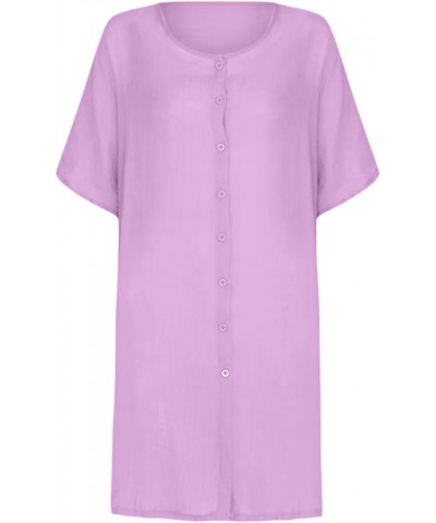 Women's Half Button Down Linen Dress 3/4 Sleeve Casual V-Neck Midi Length Dresses Summer Shirt Dress Blouse 01 Purple $6.73 A...