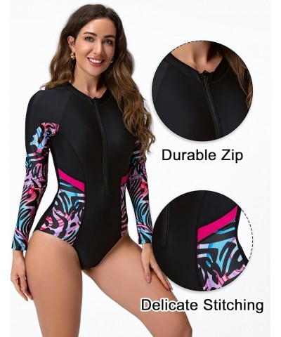 Women's One Piece Long Sleeve Rash Guard UV Sun Protection Swimsuit Quick Dry Printed Surfing Bathing Suit Swimwear Black 8 $...