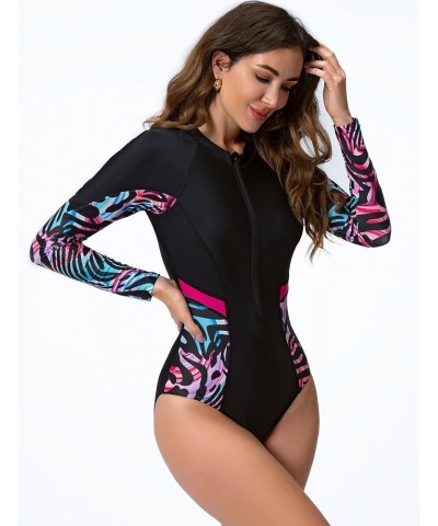 Women's One Piece Long Sleeve Rash Guard UV Sun Protection Swimsuit Quick Dry Printed Surfing Bathing Suit Swimwear Black 8 $...