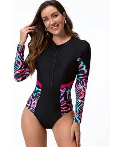 Women's One Piece Long Sleeve Rash Guard UV Sun Protection Swimsuit Quick Dry Printed Surfing Bathing Suit Swimwear Black 8 $...