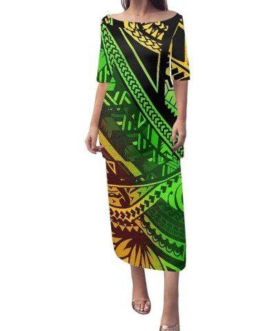 Women Puletasi Samoan Dress Polynesian Tribal Tatau Print Half Sleeve Top Skirt Two Piece Set Colourful Polynesian Tattoo $19...