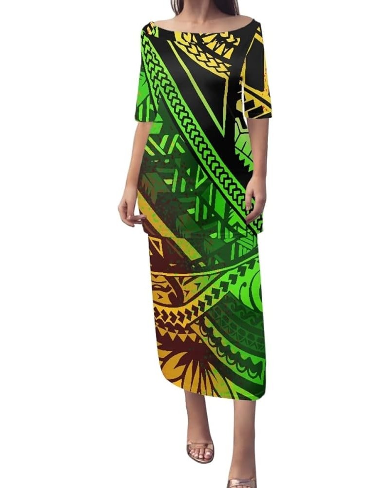 Women Puletasi Samoan Dress Polynesian Tribal Tatau Print Half Sleeve Top Skirt Two Piece Set Colourful Polynesian Tattoo $19...