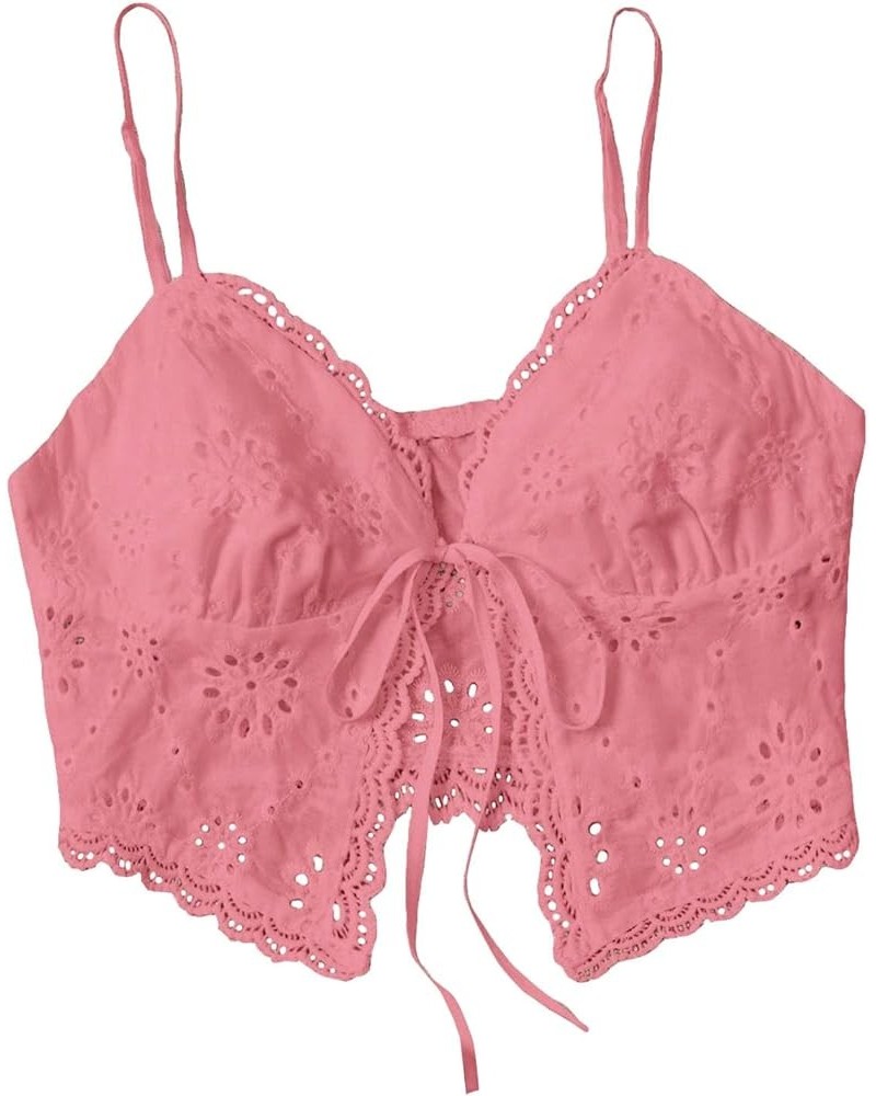 Women's Casual Hollow Out Tie Front Cami Top Lace Trim Slim Fit Crop Tops Pink $11.59 Tanks