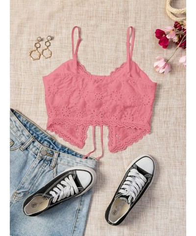 Women's Casual Hollow Out Tie Front Cami Top Lace Trim Slim Fit Crop Tops Pink $11.59 Tanks