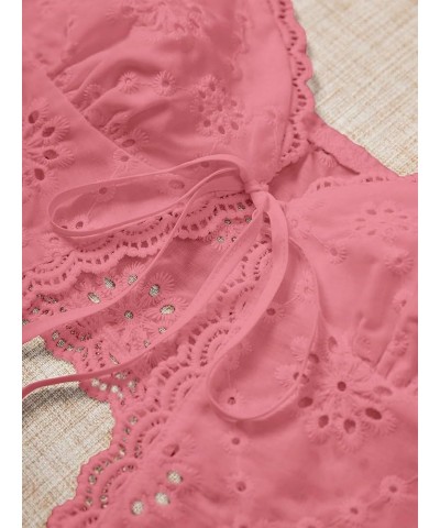 Women's Casual Hollow Out Tie Front Cami Top Lace Trim Slim Fit Crop Tops Pink $11.59 Tanks