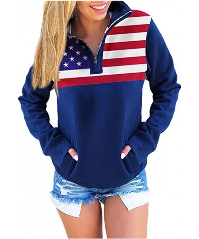 Women's Usa Sweatshirt 1/4 Zipper O-Neck Pullover Tops Star Print Long Sleeve Shirt Summer Fall Blouse Blue $9.43 Activewear