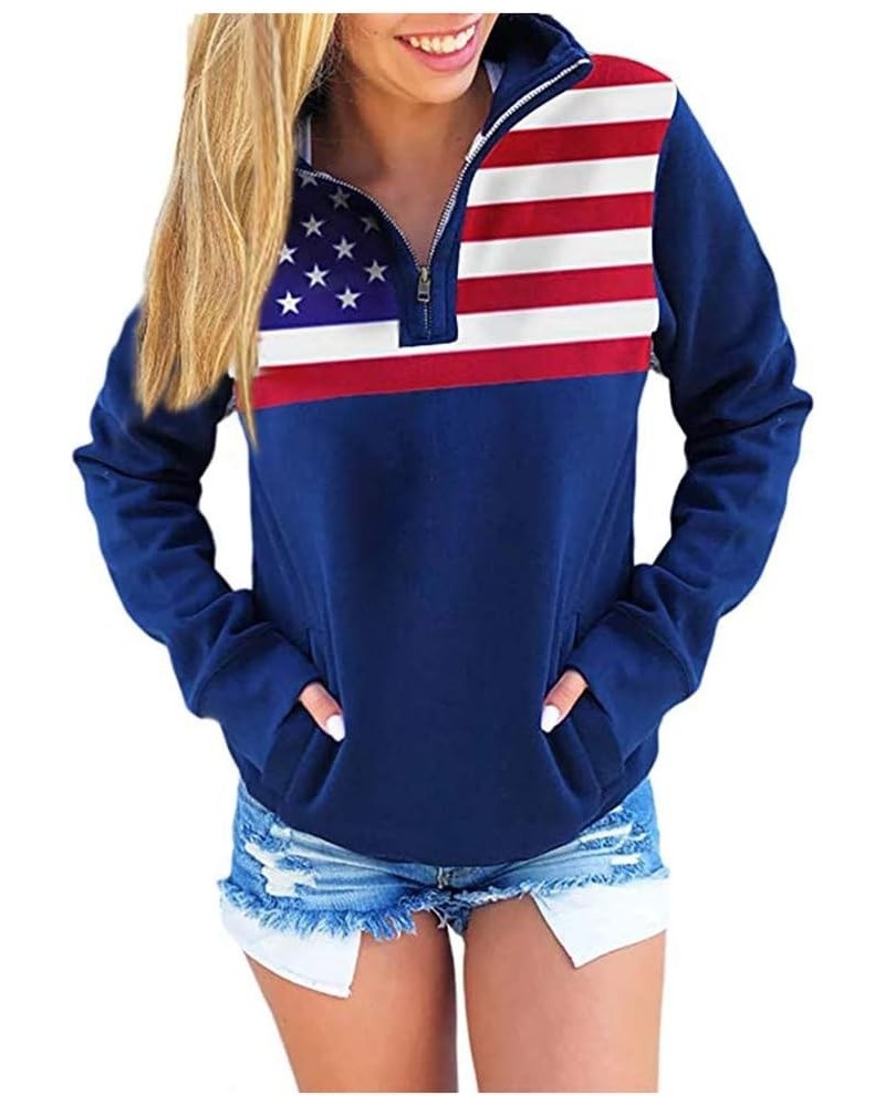 Women's Usa Sweatshirt 1/4 Zipper O-Neck Pullover Tops Star Print Long Sleeve Shirt Summer Fall Blouse Blue $9.43 Activewear