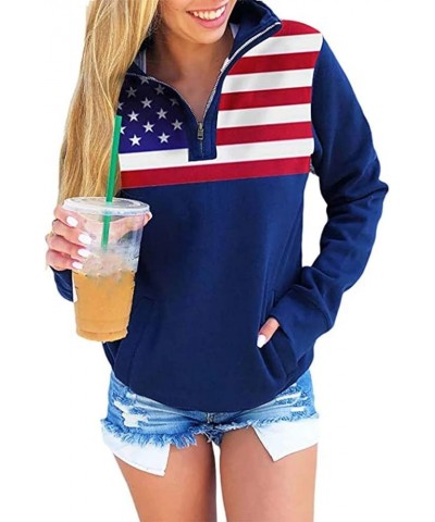 Women's Usa Sweatshirt 1/4 Zipper O-Neck Pullover Tops Star Print Long Sleeve Shirt Summer Fall Blouse Blue $9.43 Activewear