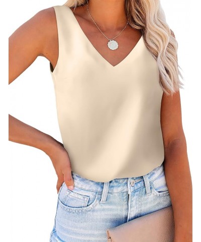 Womens Tank Tops V Neck Silk Satin Blouses Sleeveless Camisole Tank Top Summer Tops 103-apricot $8.24 Tanks