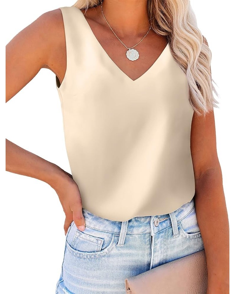 Womens Tank Tops V Neck Silk Satin Blouses Sleeveless Camisole Tank Top Summer Tops 103-apricot $8.24 Tanks