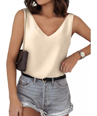 Womens Tank Tops V Neck Silk Satin Blouses Sleeveless Camisole Tank Top Summer Tops 103-apricot $8.24 Tanks