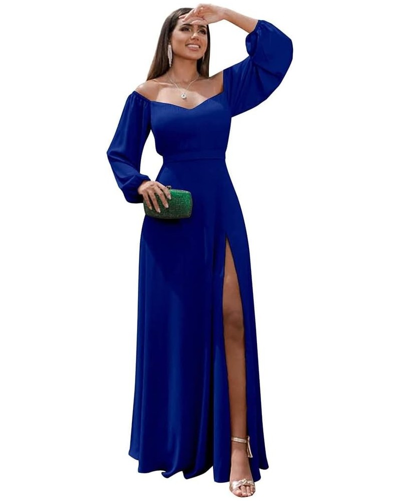 Long Sleeve Bridesmaid Dresses with Slit Off Shoulder Chiffon Formal Evening Party Gowns Royal Blue $31.50 Dresses