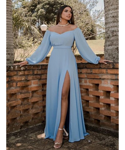 Long Sleeve Bridesmaid Dresses with Slit Off Shoulder Chiffon Formal Evening Party Gowns Royal Blue $31.50 Dresses