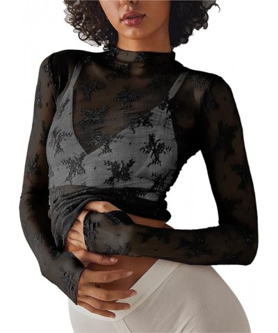 Women's High Collar Long Sleeve Lace Sheer Mesh Summer Slim Fit Cropped Tops Black $8.60 Tops