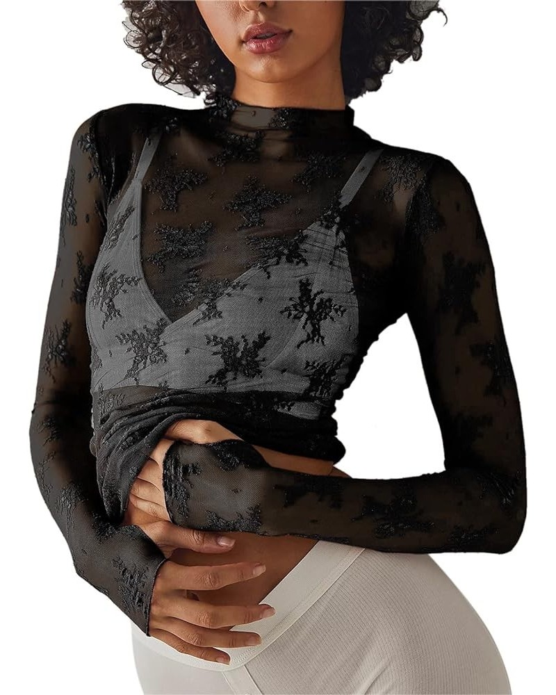 Women's High Collar Long Sleeve Lace Sheer Mesh Summer Slim Fit Cropped Tops Black $8.60 Tops