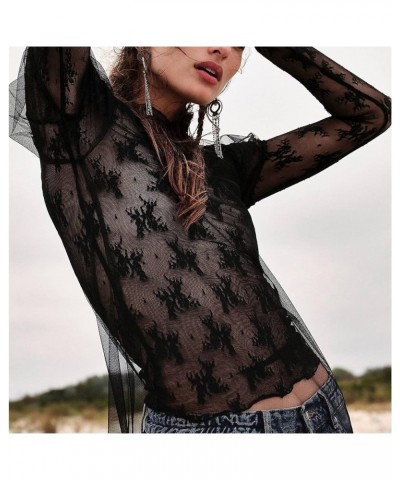 Women's High Collar Long Sleeve Lace Sheer Mesh Summer Slim Fit Cropped Tops Black $8.60 Tops