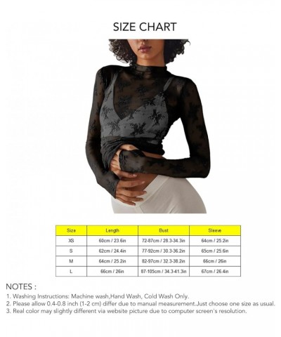 Women's High Collar Long Sleeve Lace Sheer Mesh Summer Slim Fit Cropped Tops Black $8.60 Tops