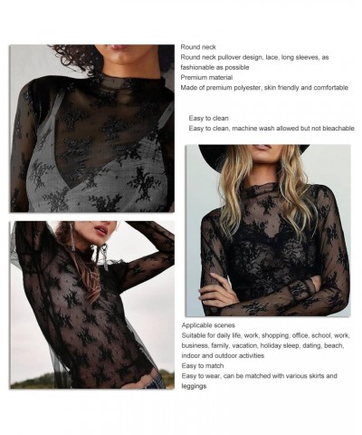 Women's High Collar Long Sleeve Lace Sheer Mesh Summer Slim Fit Cropped Tops Black $8.60 Tops