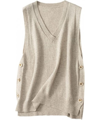 Women's V-Neck Simple Three-Button Design Solid Color Loose Casual All-Wool Knitted Vest Camel $30.67 Sweaters