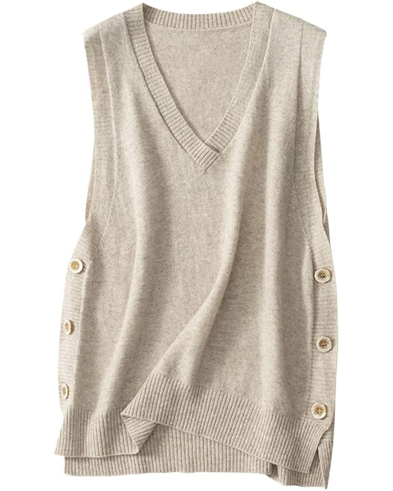 Women's V-Neck Simple Three-Button Design Solid Color Loose Casual All-Wool Knitted Vest Camel $30.67 Sweaters