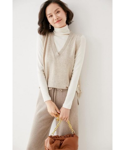 Women's V-Neck Simple Three-Button Design Solid Color Loose Casual All-Wool Knitted Vest Camel $30.67 Sweaters