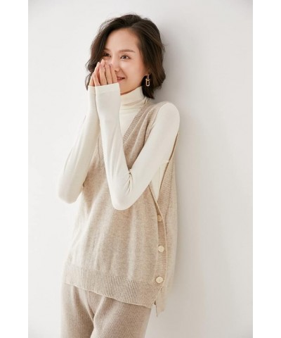 Women's V-Neck Simple Three-Button Design Solid Color Loose Casual All-Wool Knitted Vest Camel $30.67 Sweaters