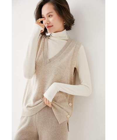 Women's V-Neck Simple Three-Button Design Solid Color Loose Casual All-Wool Knitted Vest Camel $30.67 Sweaters