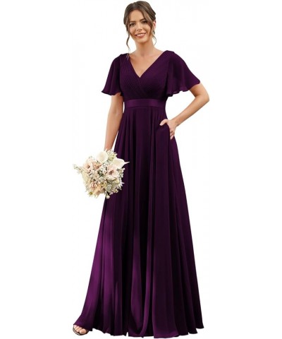 Women's V Neck Bridesmaid Dresses Flutter Sleeves Ruched Chiffon Long Formal Dress with Pockets CM113 Plum $25.38 Dresses