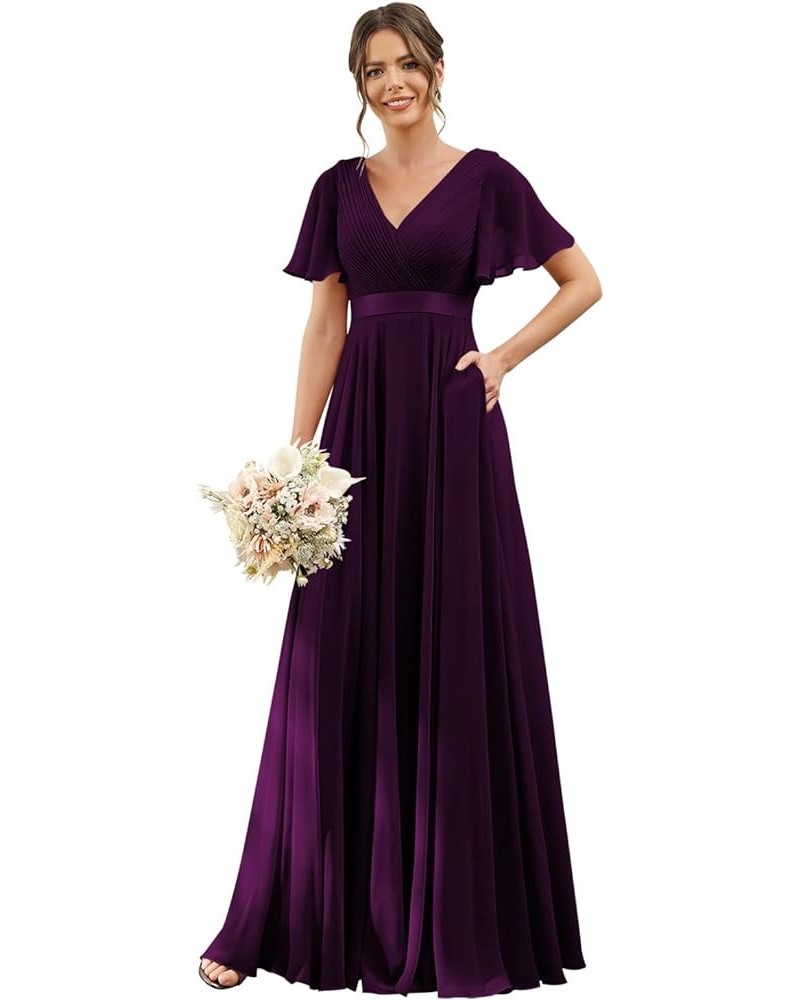 Women's V Neck Bridesmaid Dresses Flutter Sleeves Ruched Chiffon Long Formal Dress with Pockets CM113 Plum $25.38 Dresses