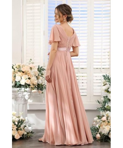 Women's V Neck Bridesmaid Dresses Flutter Sleeves Ruched Chiffon Long Formal Dress with Pockets CM113 Plum $25.38 Dresses