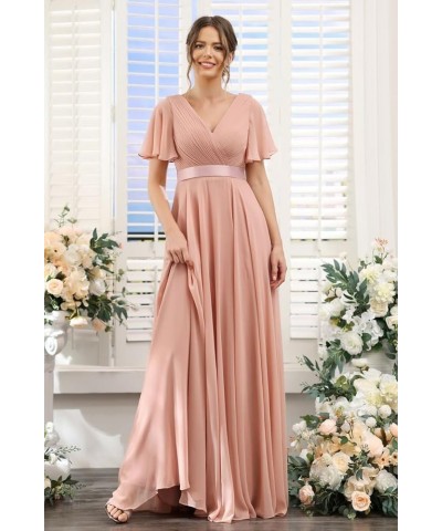 Women's V Neck Bridesmaid Dresses Flutter Sleeves Ruched Chiffon Long Formal Dress with Pockets CM113 Plum $25.38 Dresses