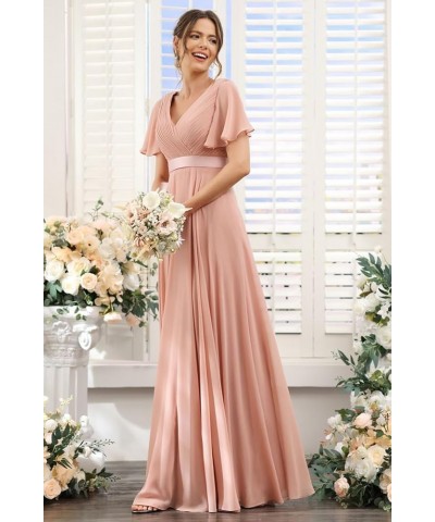 Women's V Neck Bridesmaid Dresses Flutter Sleeves Ruched Chiffon Long Formal Dress with Pockets CM113 Plum $25.38 Dresses