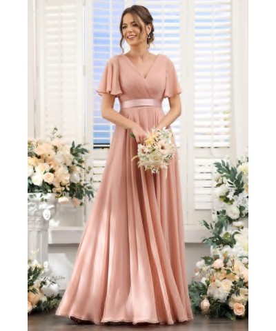 Women's V Neck Bridesmaid Dresses Flutter Sleeves Ruched Chiffon Long Formal Dress with Pockets CM113 Plum $25.38 Dresses