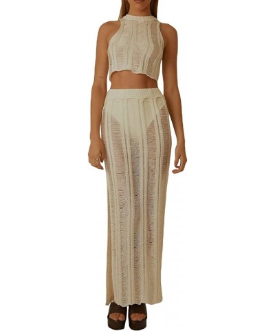 Women's Knit Sets Two Piece Skirt Outfits Crochet Crop Top and Low Waist Bodycon Maxi Skirt Set 19-beige $14.21 Suits