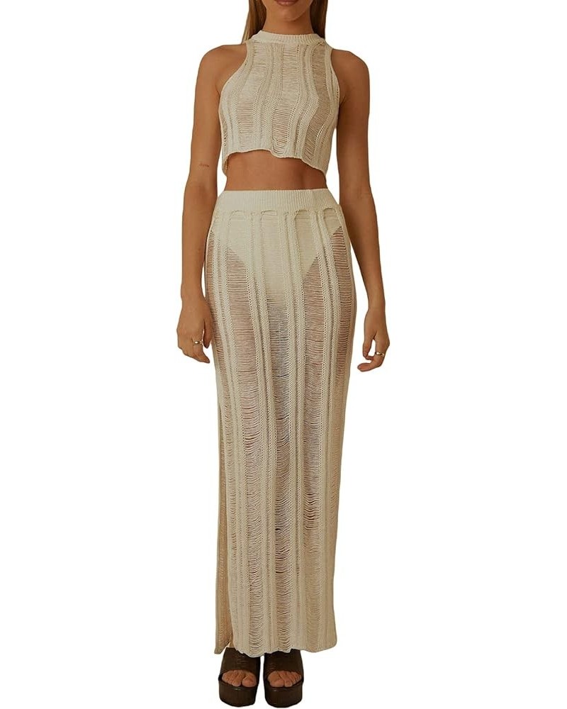 Women's Knit Sets Two Piece Skirt Outfits Crochet Crop Top and Low Waist Bodycon Maxi Skirt Set 19-beige $14.21 Suits