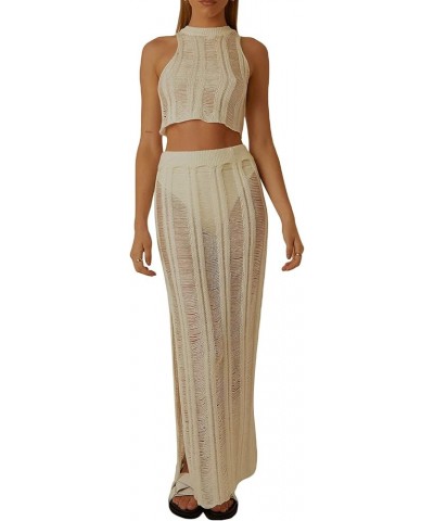 Women's Knit Sets Two Piece Skirt Outfits Crochet Crop Top and Low Waist Bodycon Maxi Skirt Set 19-beige $14.21 Suits