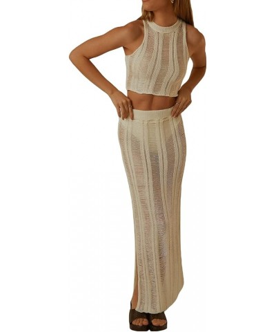 Women's Knit Sets Two Piece Skirt Outfits Crochet Crop Top and Low Waist Bodycon Maxi Skirt Set 19-beige $14.21 Suits