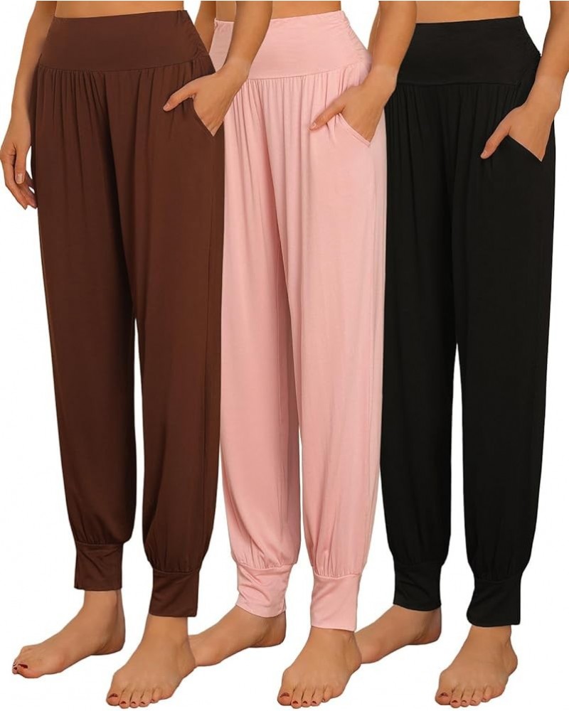 3 Pack Women's Cozy Yoga Joggers Pants Loose High Waisted Workout Sweatpants Comfy Lounge Pants with Pockets Black/Pink/Coffe...