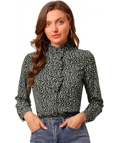 Women's Floral Flower Printed Shirt Ruffled Button Up Mock Neck Top Blouse Black Green $13.19 Blouses