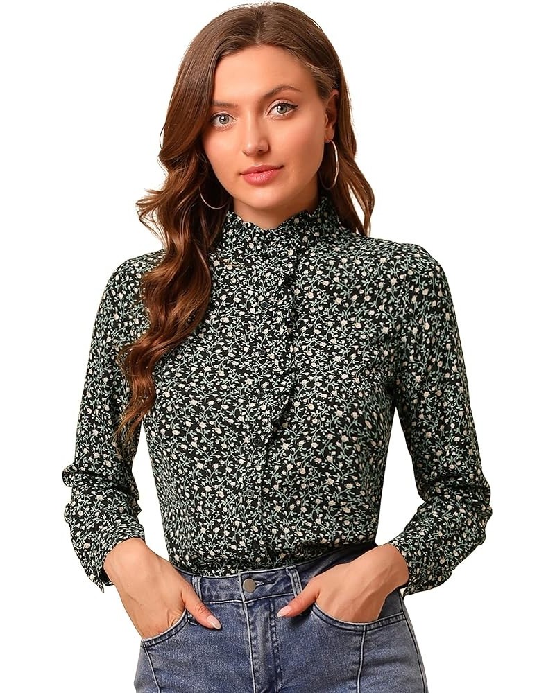 Women's Floral Flower Printed Shirt Ruffled Button Up Mock Neck Top Blouse Black Green $13.19 Blouses