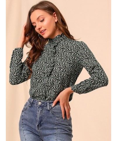 Women's Floral Flower Printed Shirt Ruffled Button Up Mock Neck Top Blouse Black Green $13.19 Blouses